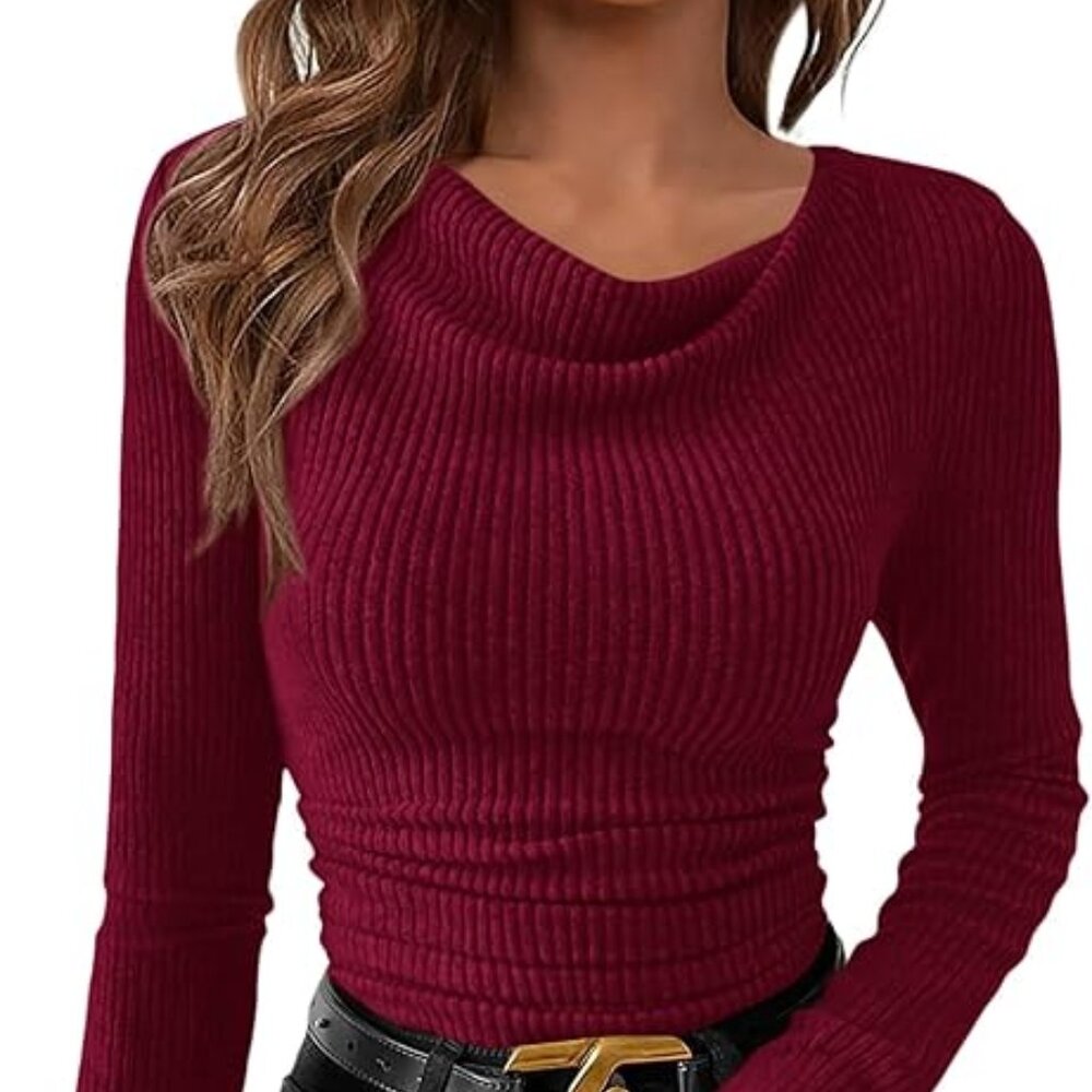 NEW! Women's Long Sleeve Cowl Neck Ribbed Knit Fall Shirts Slim Fit-Dark Red
